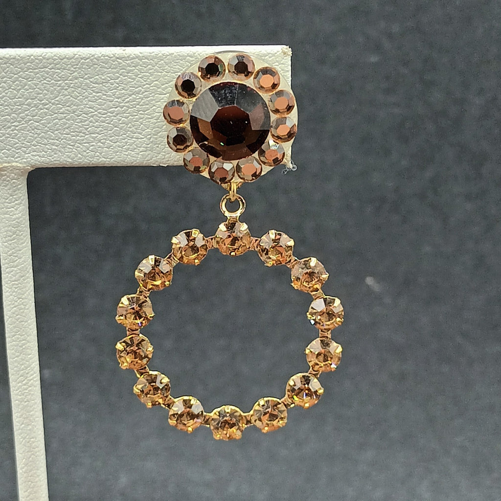 Pierced Earrings Gold tone Brown Faceted Crystal Open Round Dangle 1 7/8"