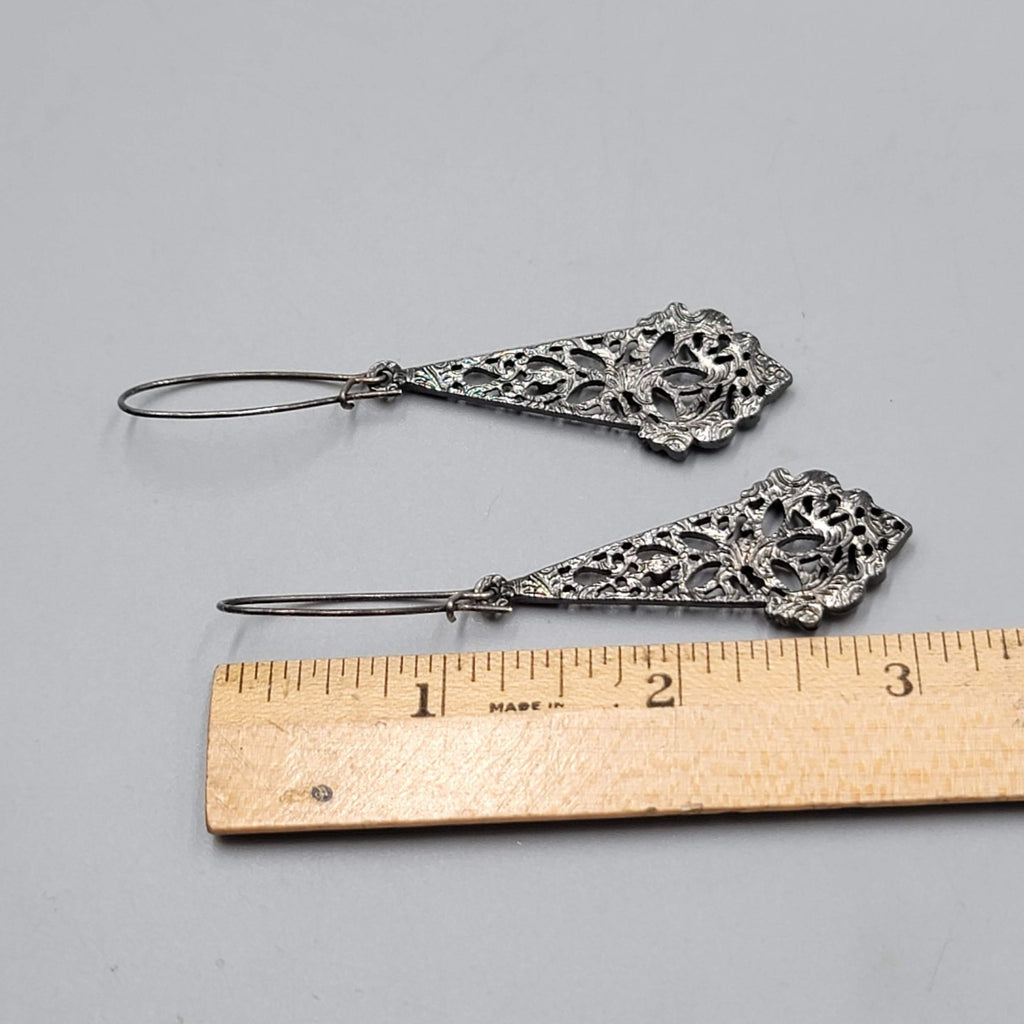 Black Metal Blue Rhinestone Pierced Earrings Long Dangle 2"