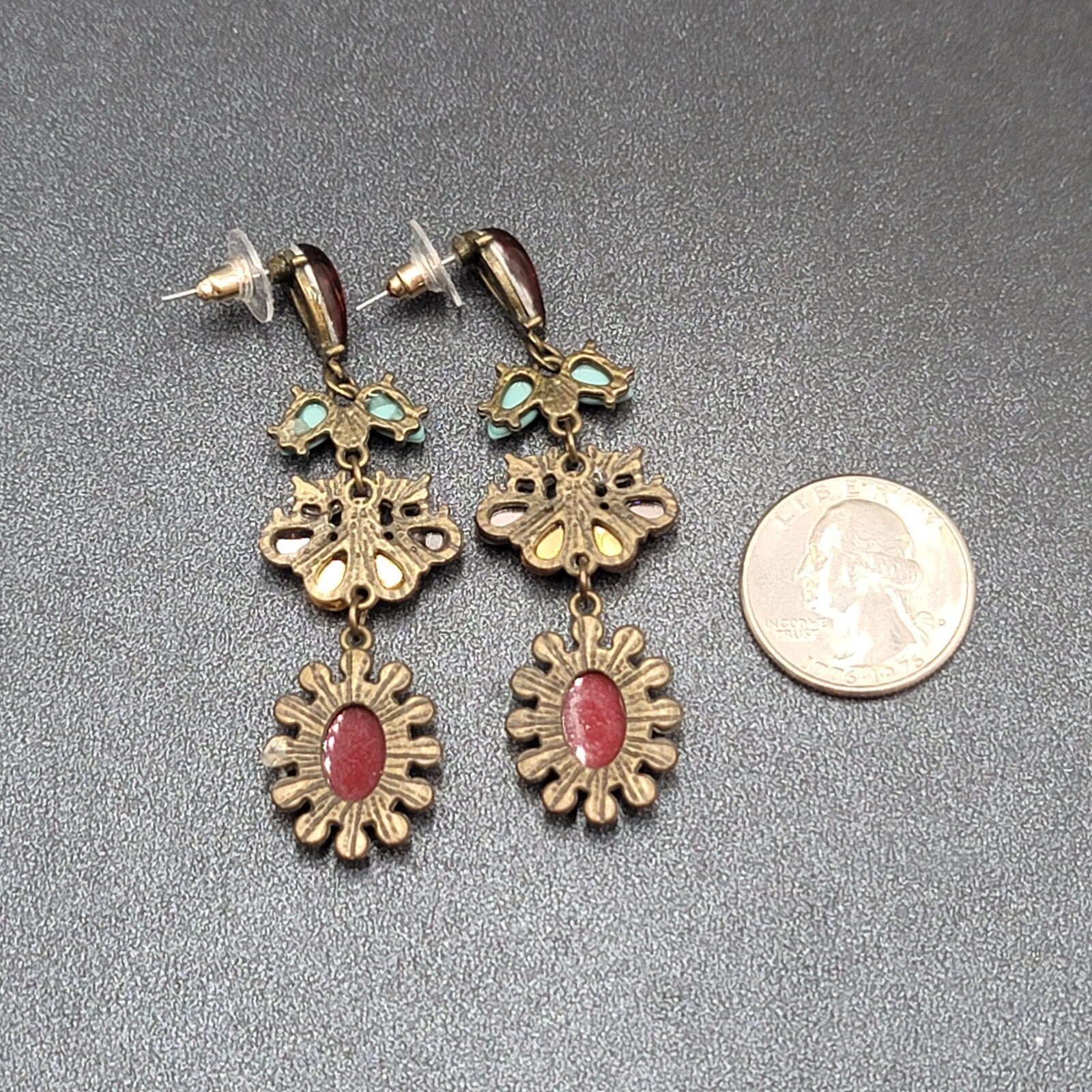 Pierced Earrings Bronze tone Multi Color Accents Rhinestone 2.75"