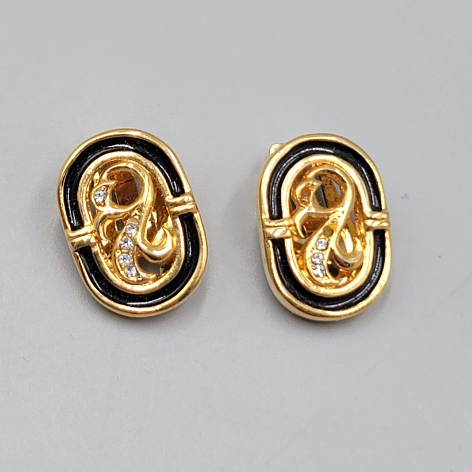 Vintage Clip on Earrings Gold tone Oval Black Enamel Open Work Rhinestones 3/4"