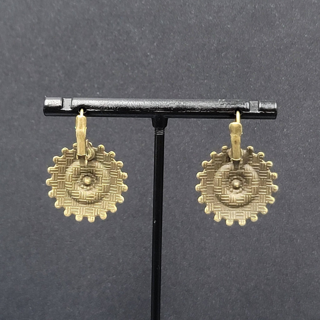 New Boho Pierced Earrings Bronze tone Medallion Enamel Wood Bead 1"