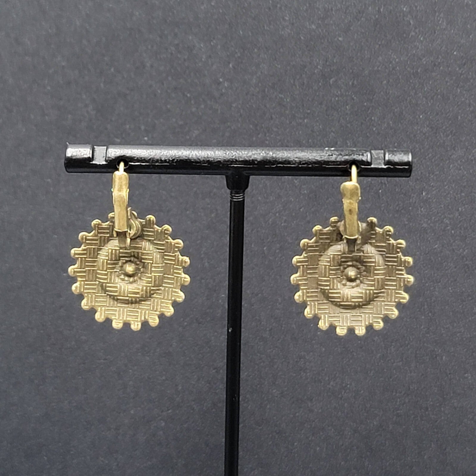 New Boho Pierced Earrings Bronze tone Medallion Enamel Wood Bead 1"