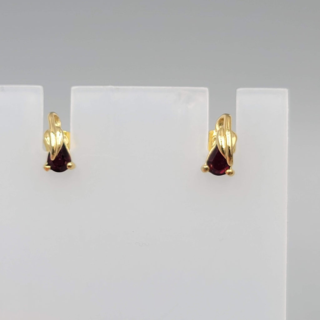 Stud Pierced Earrings Gold Plated Dark Red Stone 3/8"