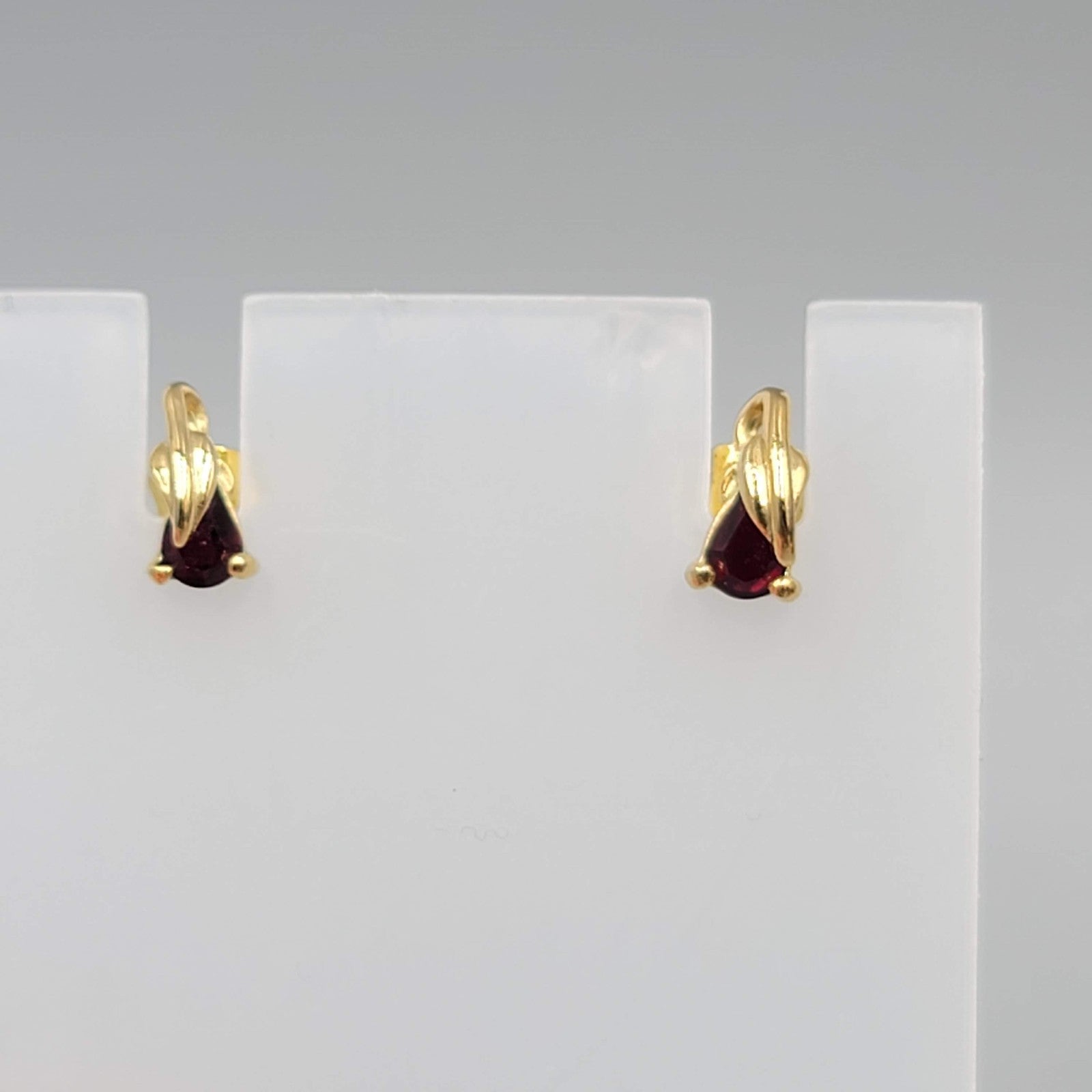 Stud Pierced Earrings Gold Plated Dark Red Stone 3/8"