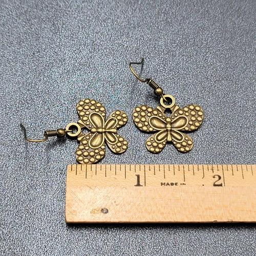 Butterfly Pierced Earrings Dangle Bronze tone Embossed 7/8"