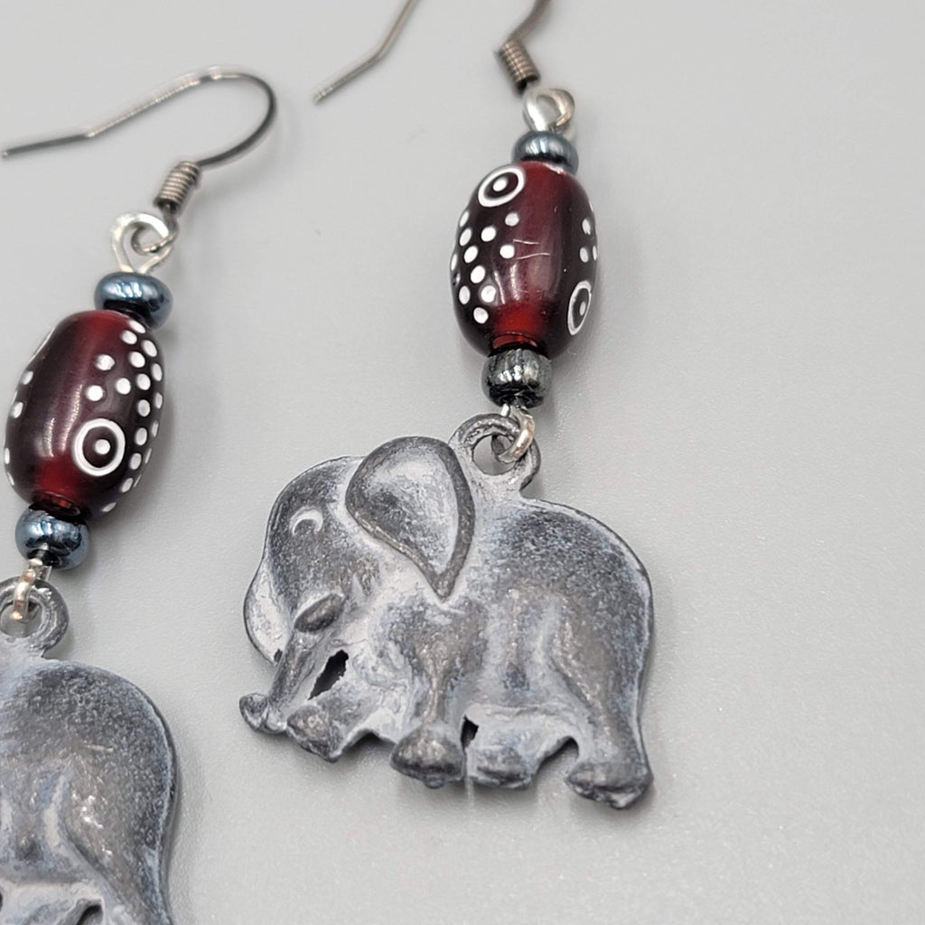 Elephant Pierced Earrings Silver tone Dangle Red Bead  1.75"