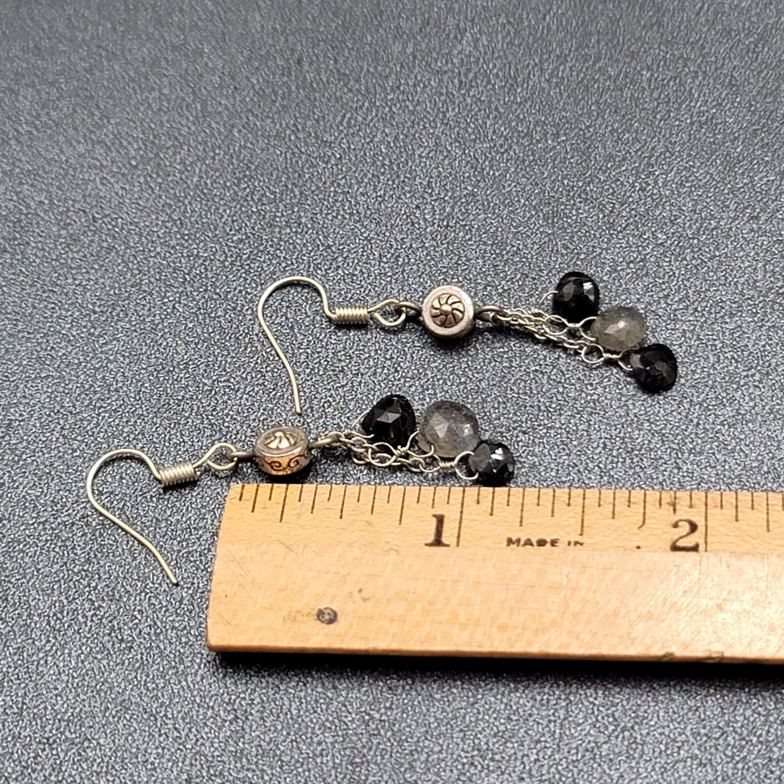 Pierced Earrings Silver tone Black Gray Stones on Dangle Chains 1.25"