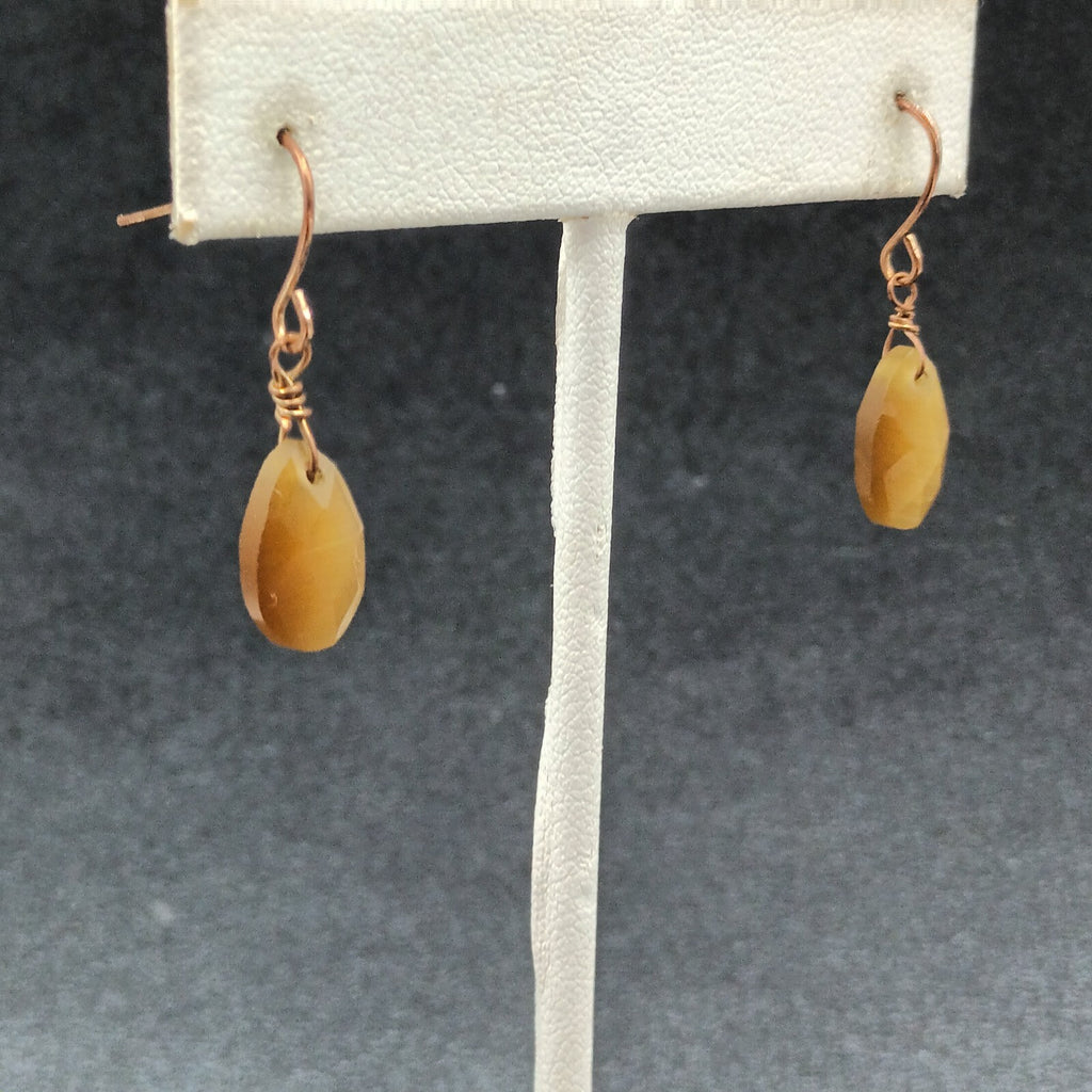 Pierced Earrings Faceted Yellow Chatoyant Glass Teardrop Copper tone Dangle 1/2"