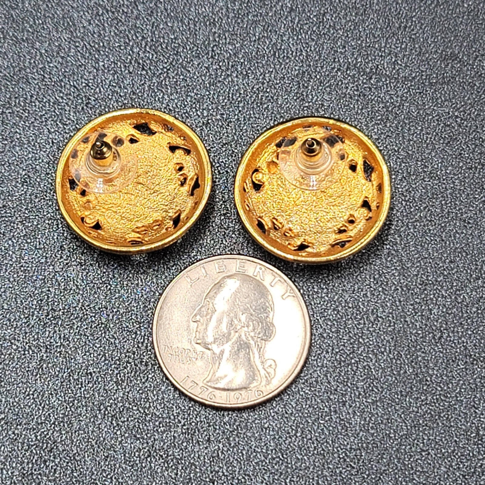 Vintage Pierced Earrings Gold Plated Blue Swirl Enamel Round Drop 1"