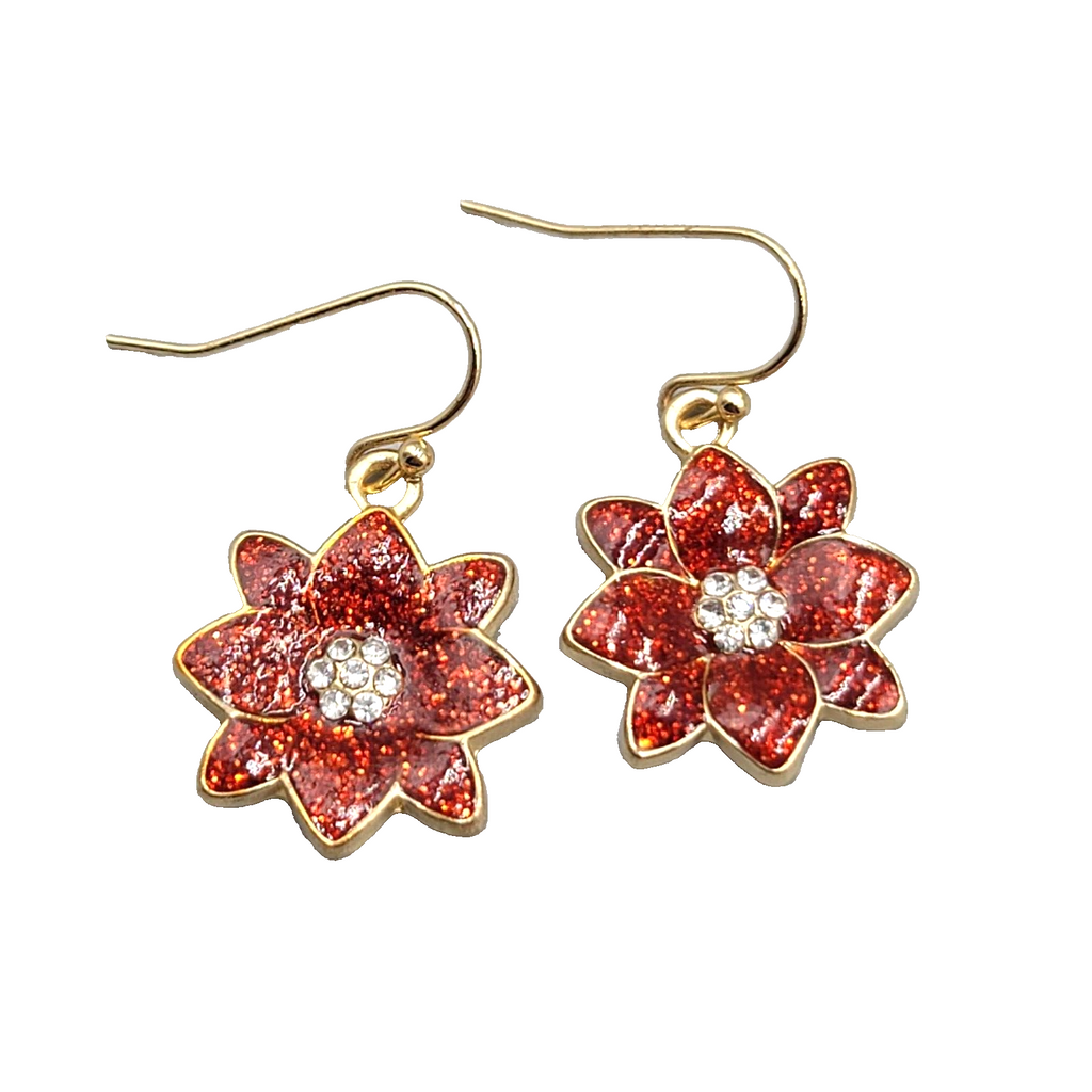 Poinsettia Pierced Earrings Christmas Red Glitter Enamel Rhinestone Dangle 7/8"