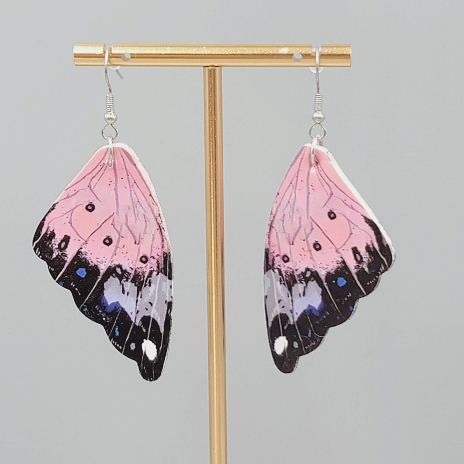 Butterfly Wing Pierced Earrings Pink Purple Statement Dangle 2.25"