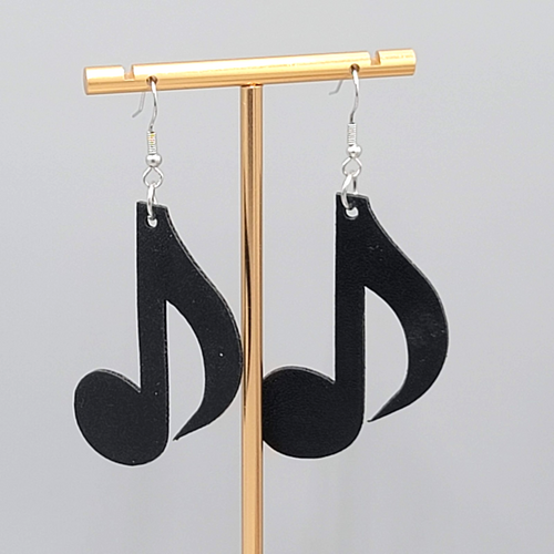 Eigth Note Black Faux Leather Music Pierced Earrings Silver tone Dangle 2"