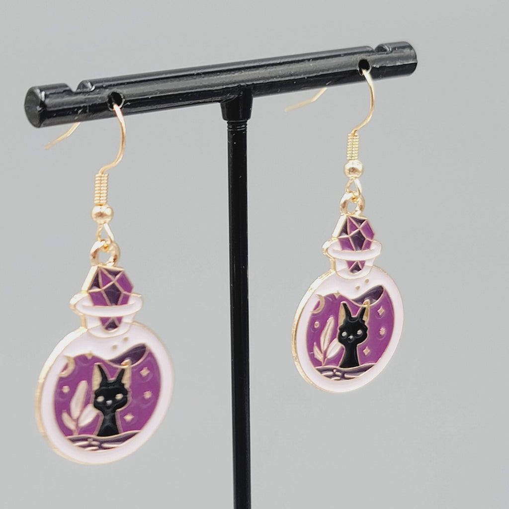 Potion Black Cat Pierced Earrings Enamel Gold tone Dangle New 1 1/8"