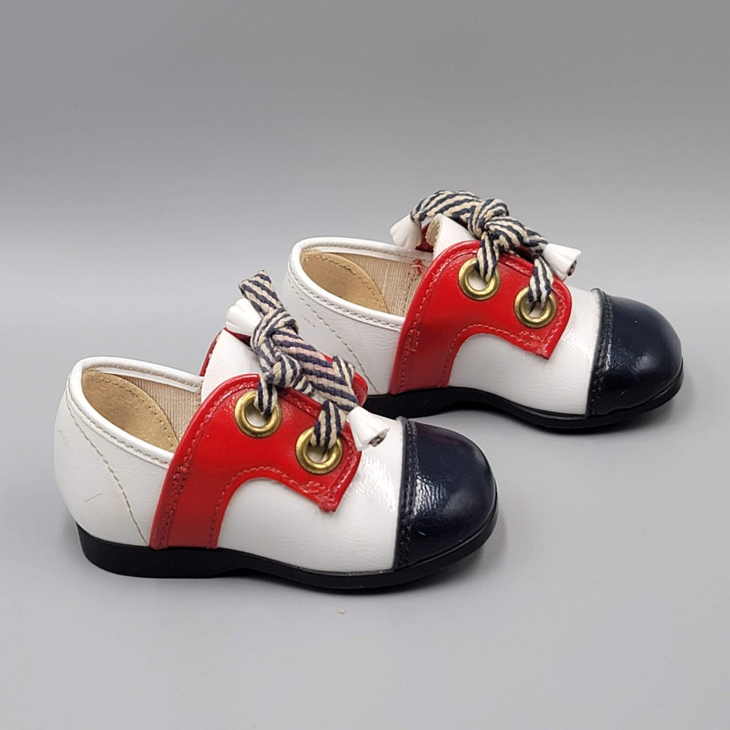 Vintage Baby Toddler Shoes Robinson Crusoe Sz 2 Red White Blue Brass Rivets CUTE