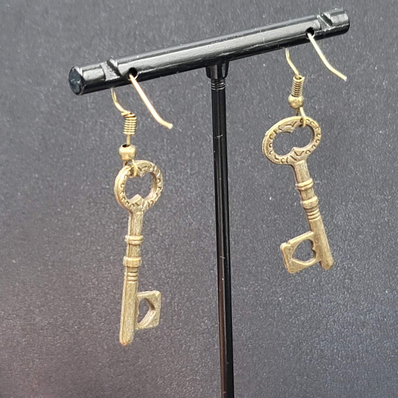 New Heart Skeleton Key Pierced Earrings Bronze tone Dangle 1 3/8"
