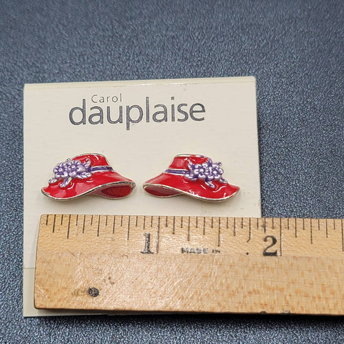 Carol Dauplaise Pierced Earrings Red Hat Society Enamel Studs 3/4"