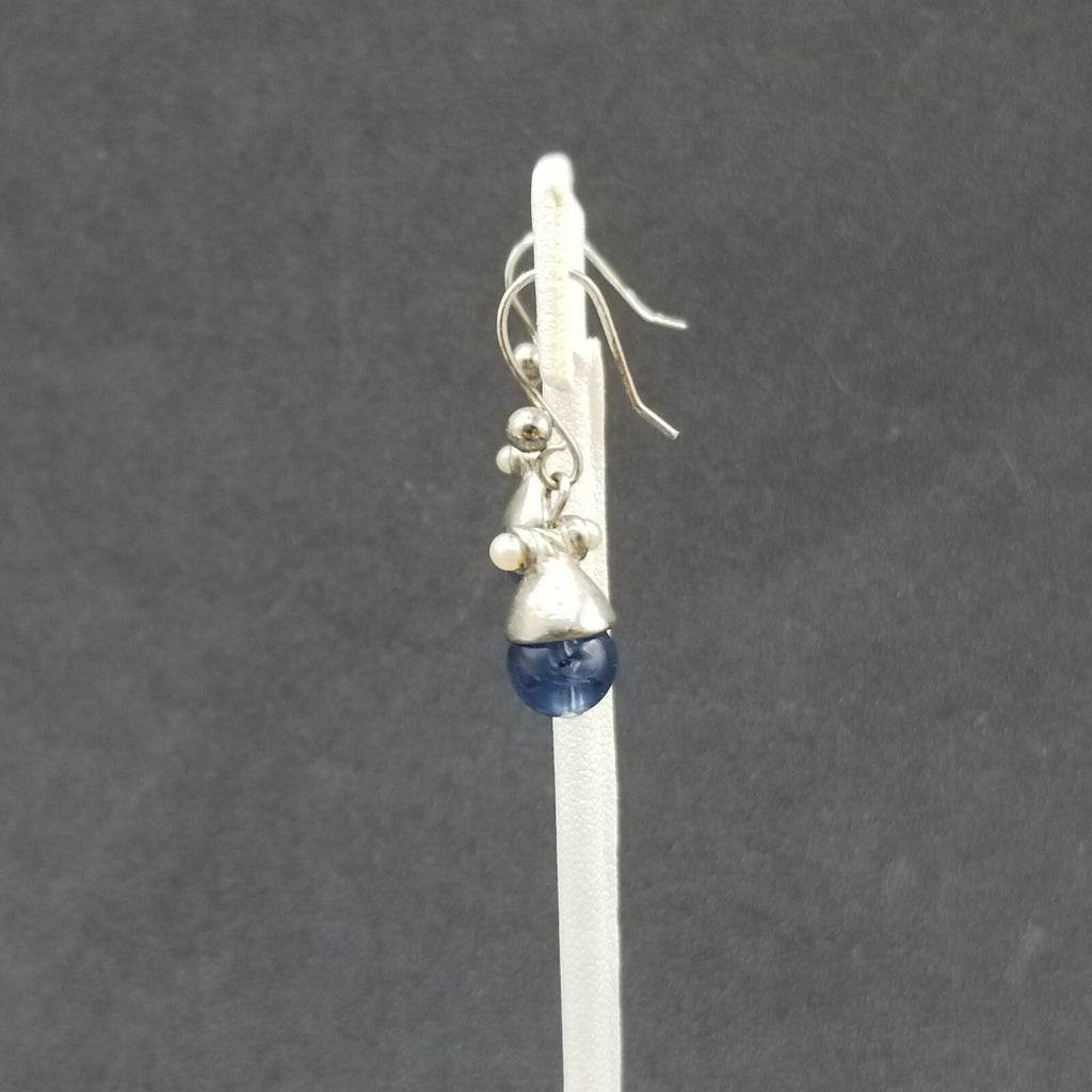 Pierced Earrings Silver tone Blue Crystal Bea Faux Pearl Dangle 1/2"