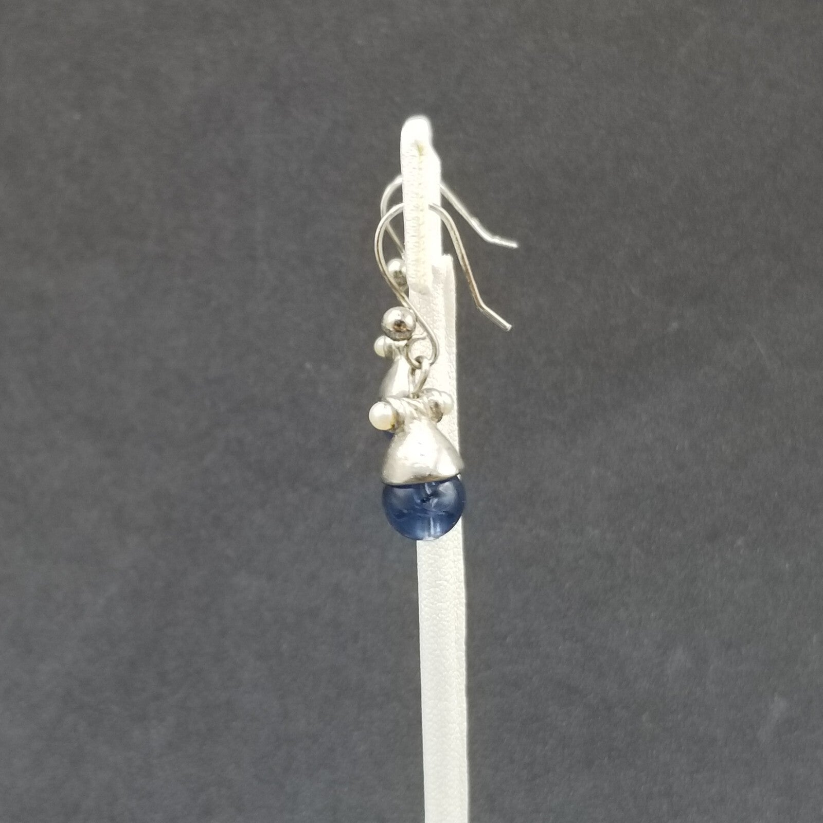 Pierced Earrings Silver tone Blue Crystal Bea Faux Pearl Dangle 1/2"
