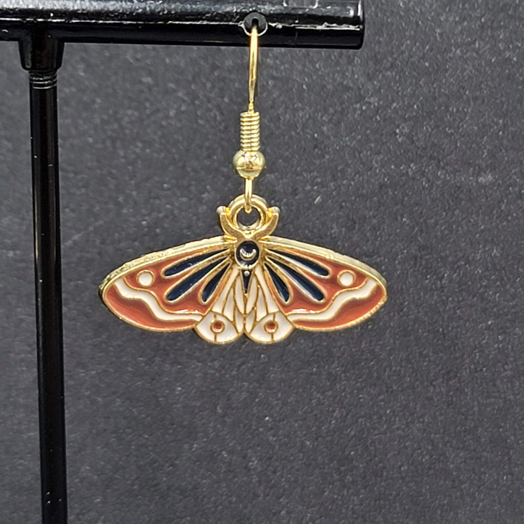Moth Pierced Earrings Gold tone Brown Black Enamel Dangle 1/2"