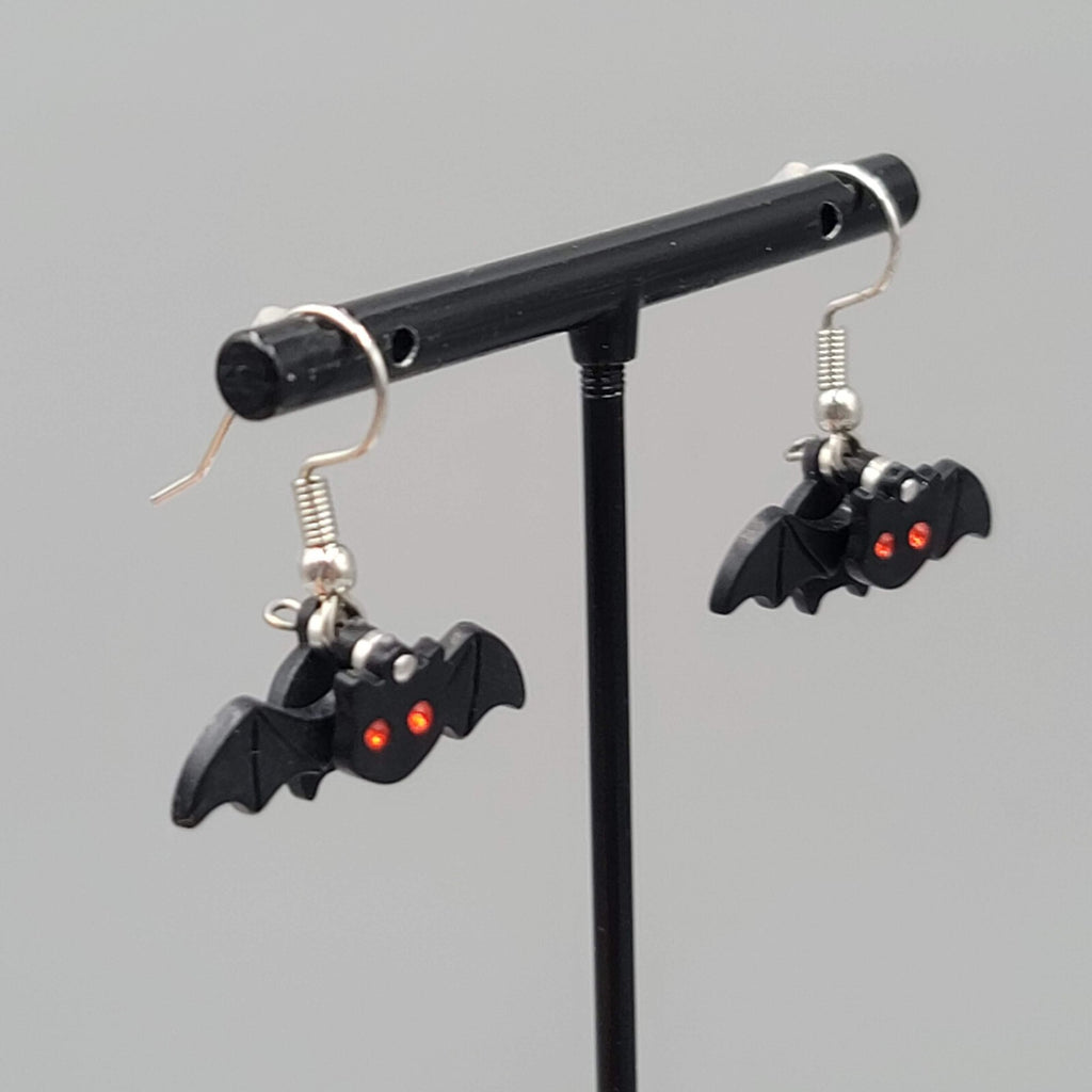 Bat Pierced Earrings Articulated Layered Dangle Red Rhinestone Eyes 1" x 1/2"