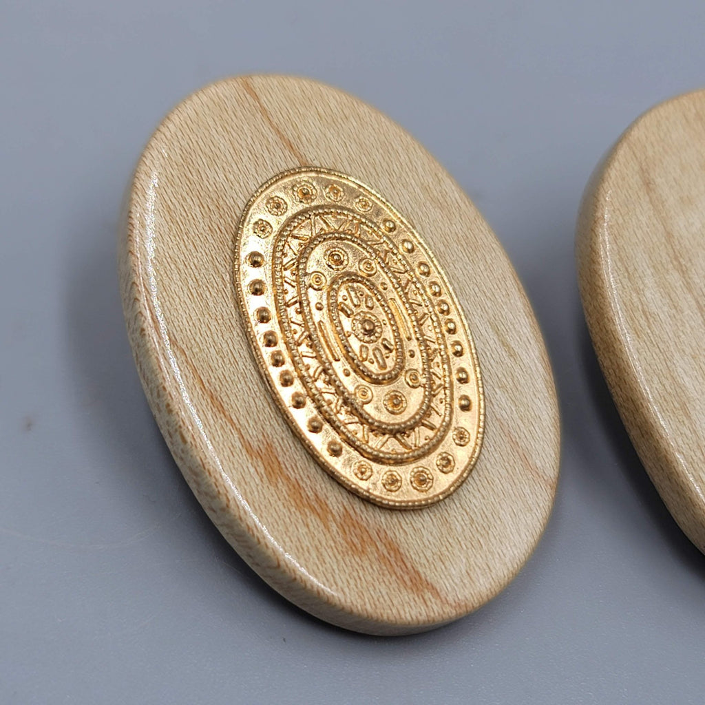 Large Wood Statement Pierced Earrings Oval Drop Gold tone 1.5"