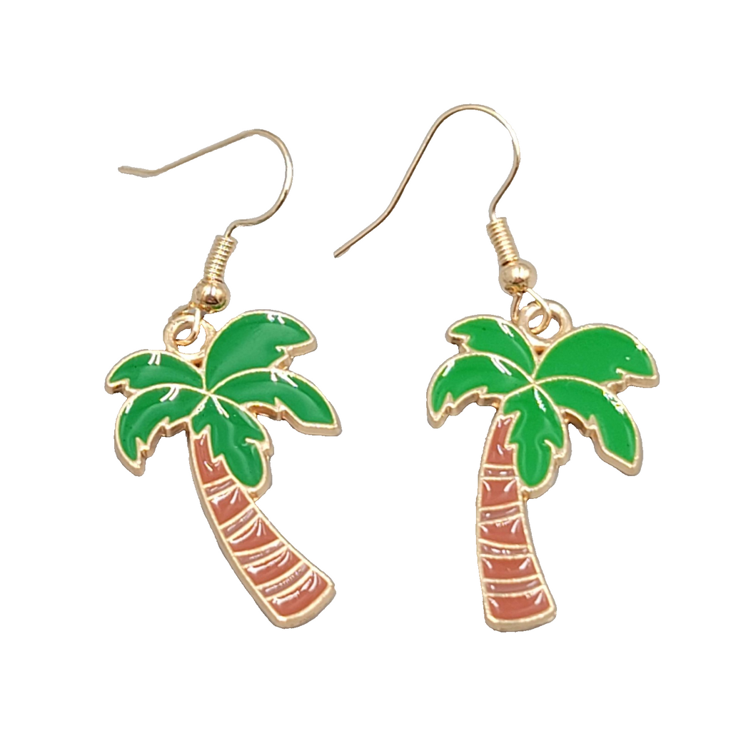 Enamel Palm Tree Pierced Earrings Island Vacation Gold tone Dangle 1 1/8"