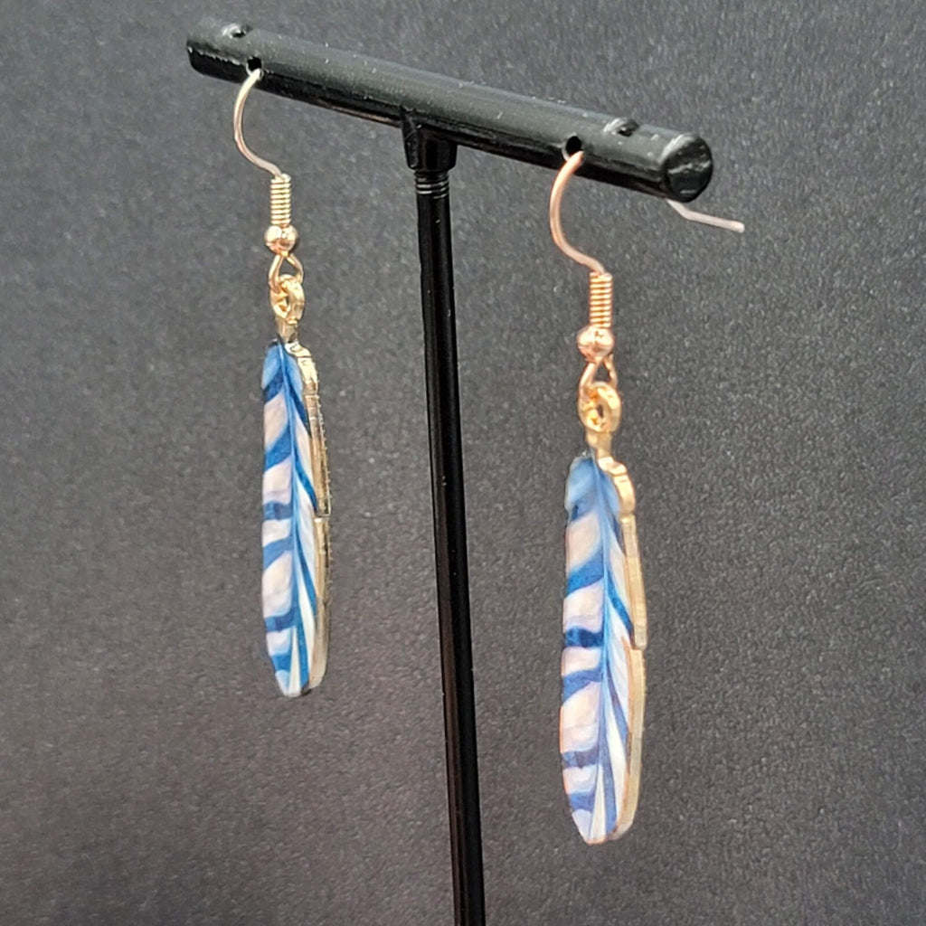 Metal Feather Pierced Earrings Blue White Striped Gold tone Dangle 1.5"