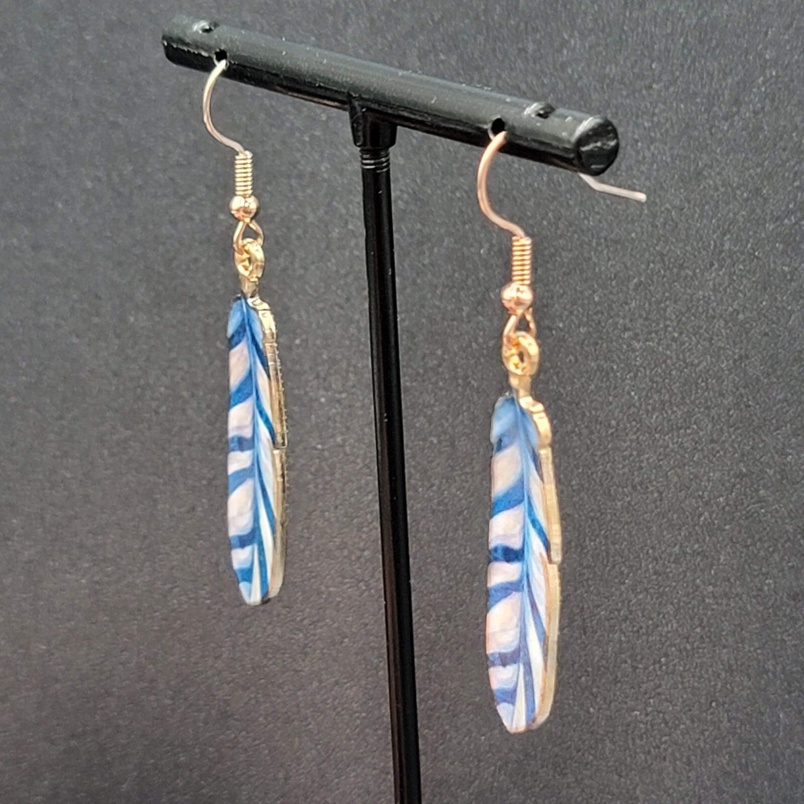 Metal Feather Pierced Earrings Blue White Striped Gold tone Dangle 1.5"