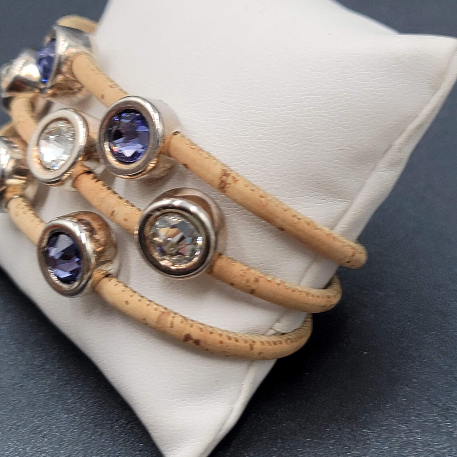 Cork Bracelet Silver tone Multicolor Crystal Rhinestone Magnetic Closure 6.5"