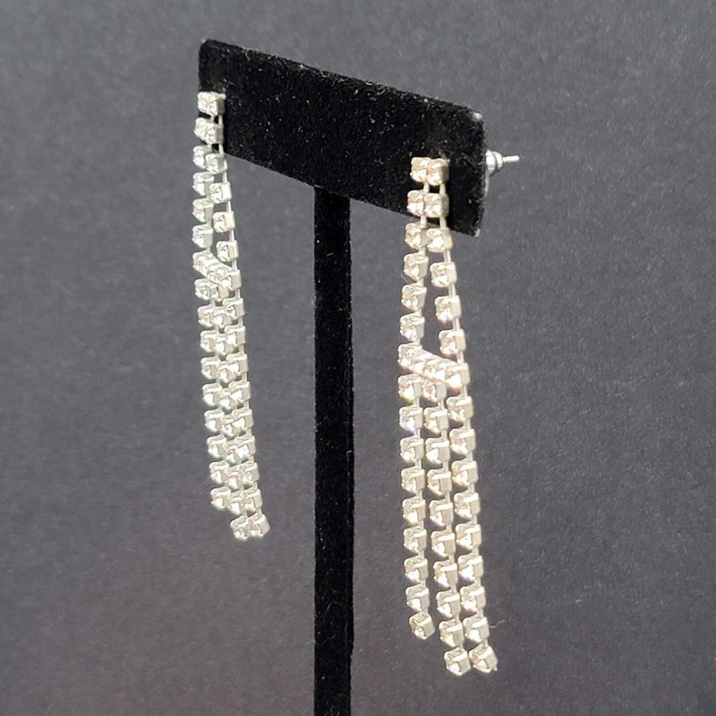 Vintage Pierced Earrings Silver tone Rhinestone Triple Dangle 2.25"