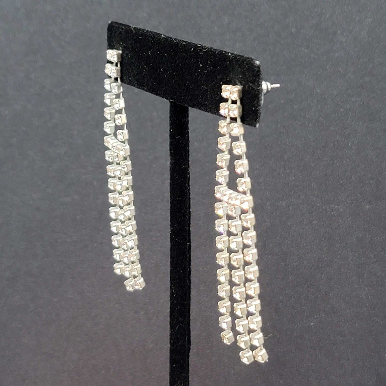 Vintage Pierced Earrings Silver tone Rhinestone Triple Dangle 2.25"