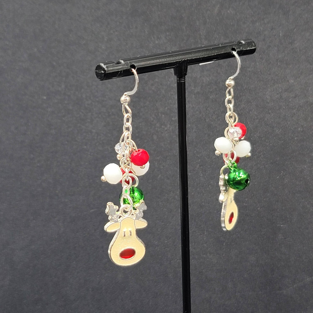 Christmas Pierced Earrings Silver tone Reindeer Jingle Bells 2"