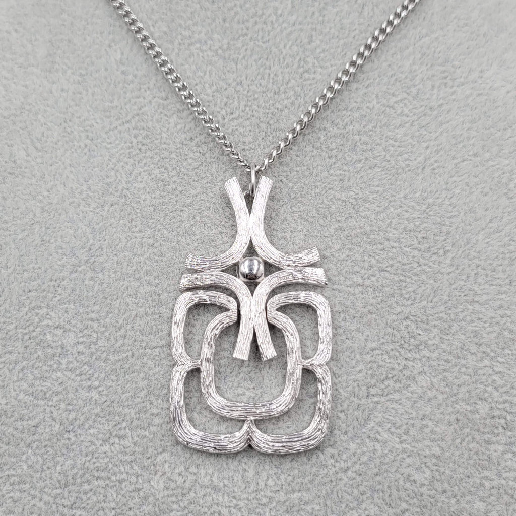 Vintage Avon Necklace Long Silver tone Geometric Pendant Statement 24 in