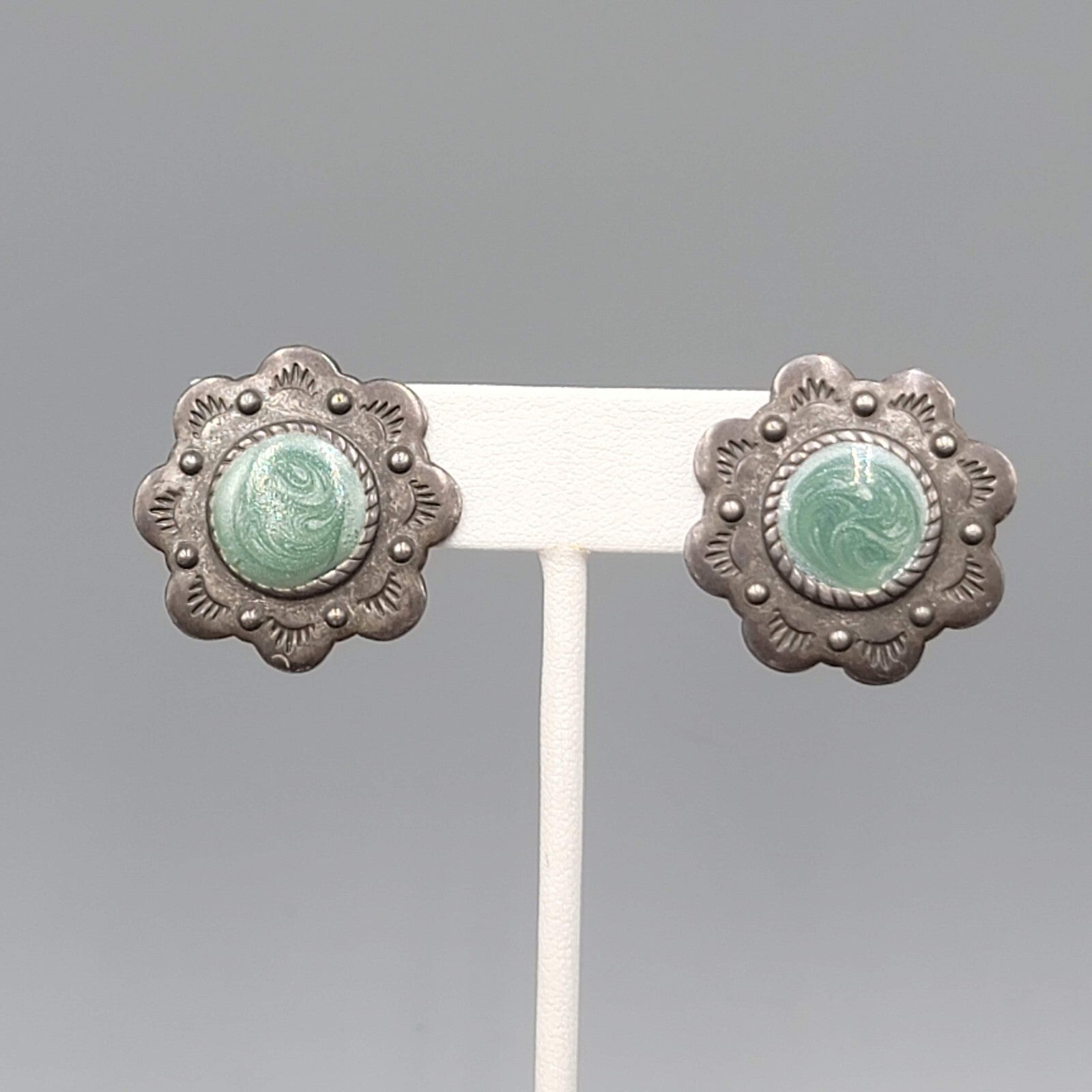 Vintage Flower Clip on Earrings Dark Gray Metal Green Enamel 1 1/8"