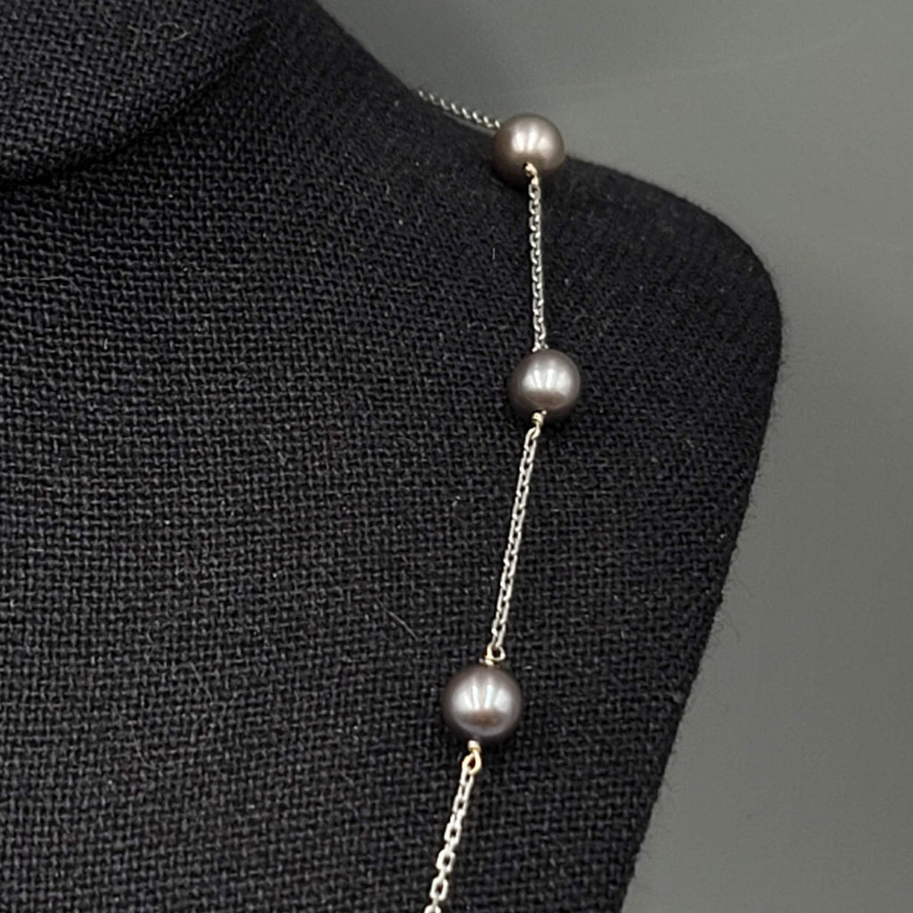 14K White Gold 5mm Tahitian Peacock Pearl Station Chain Necklace 17" long