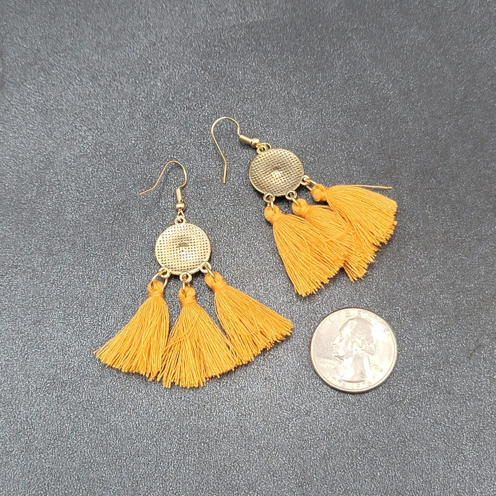 Pierced Earrings Gold tone Orange Tassel Rhinestone Medallion Dangle 1.75"