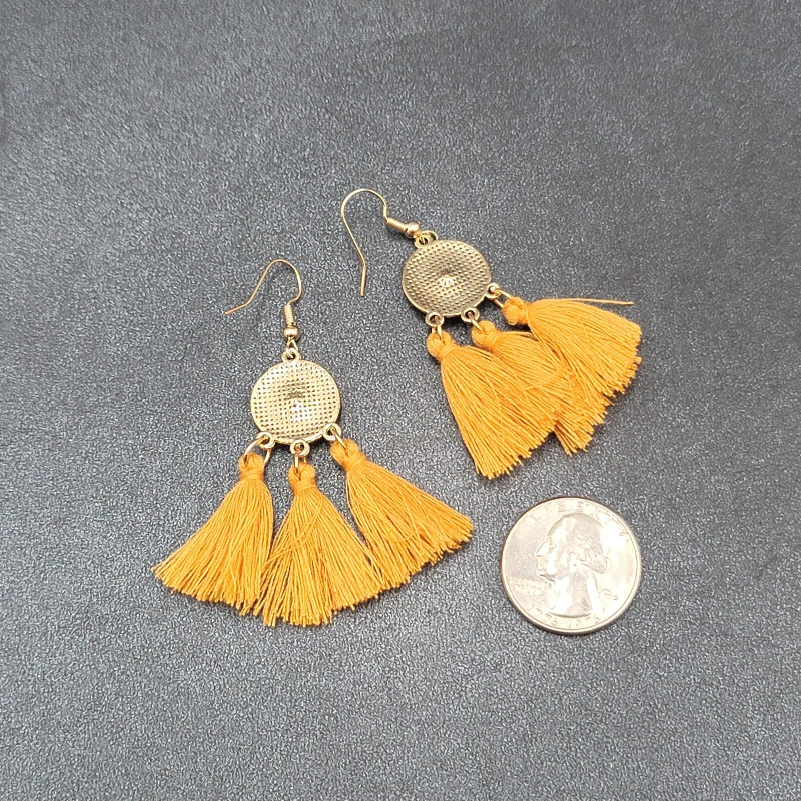 Pierced Earrings Gold tone Orange Tassel Rhinestone Medallion Dangle 1.75"