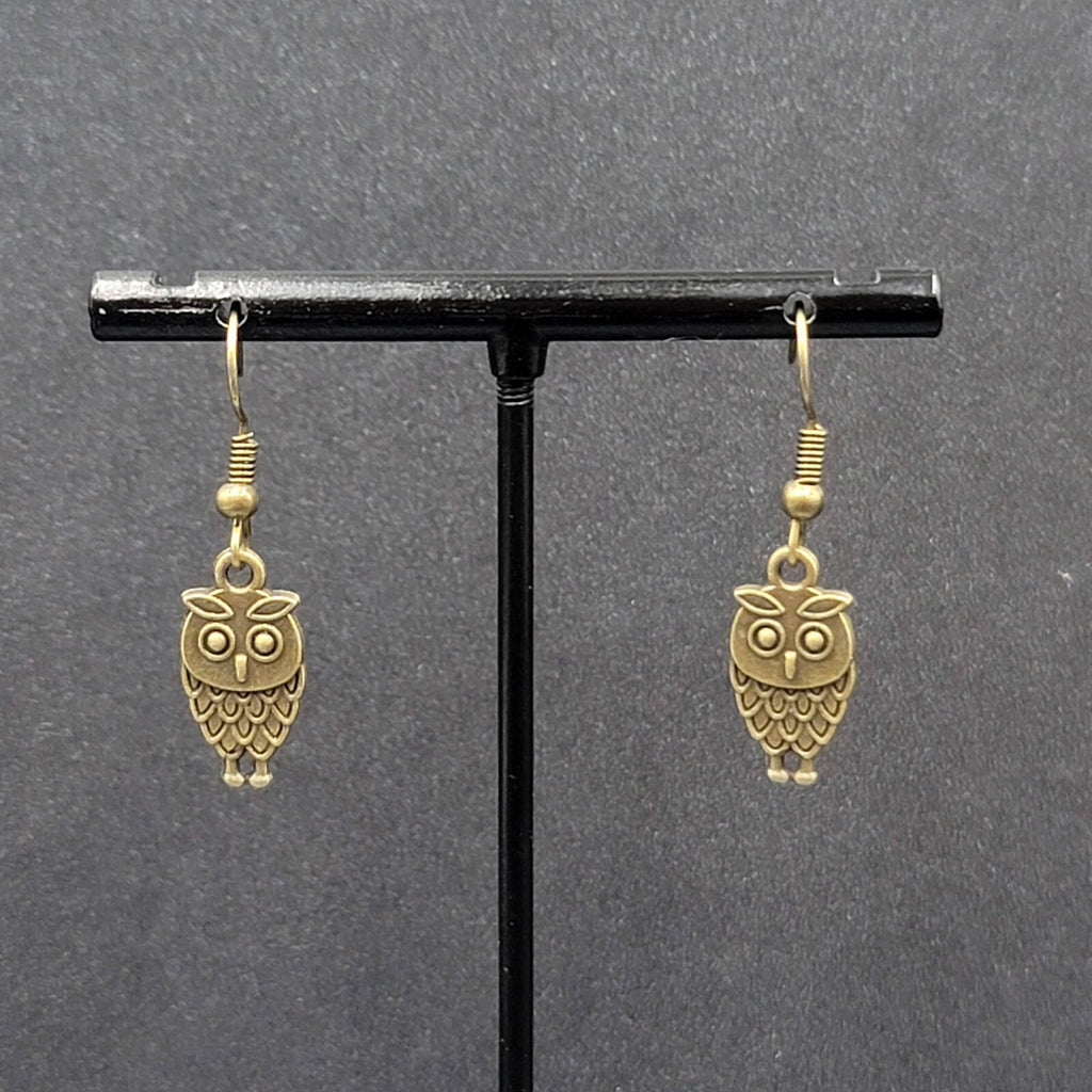 Owl Pierced Earrings Embossed Bronze tone Dangle 3/4"