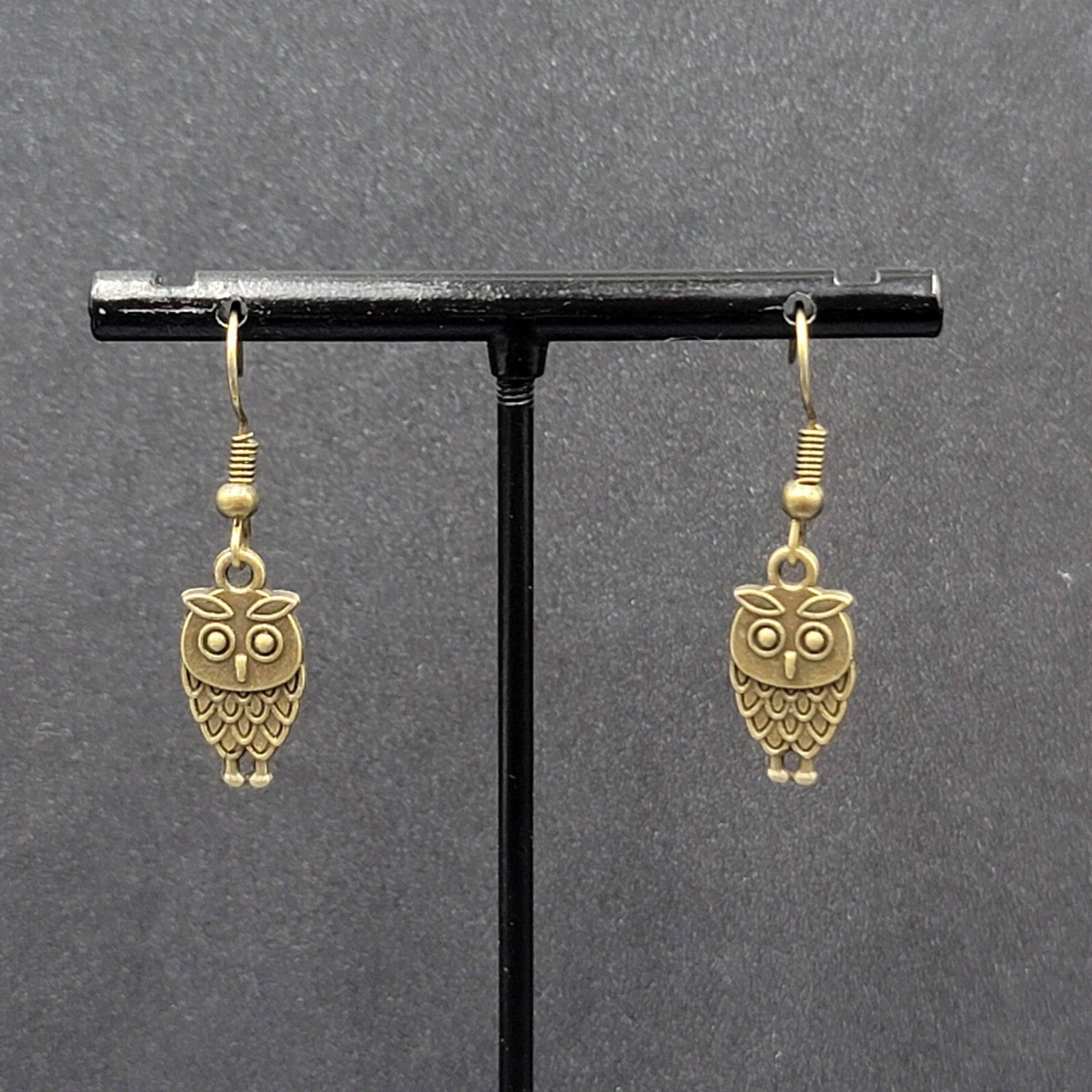 Owl Pierced Earrings Embossed Bronze tone Dangle 3/4"
