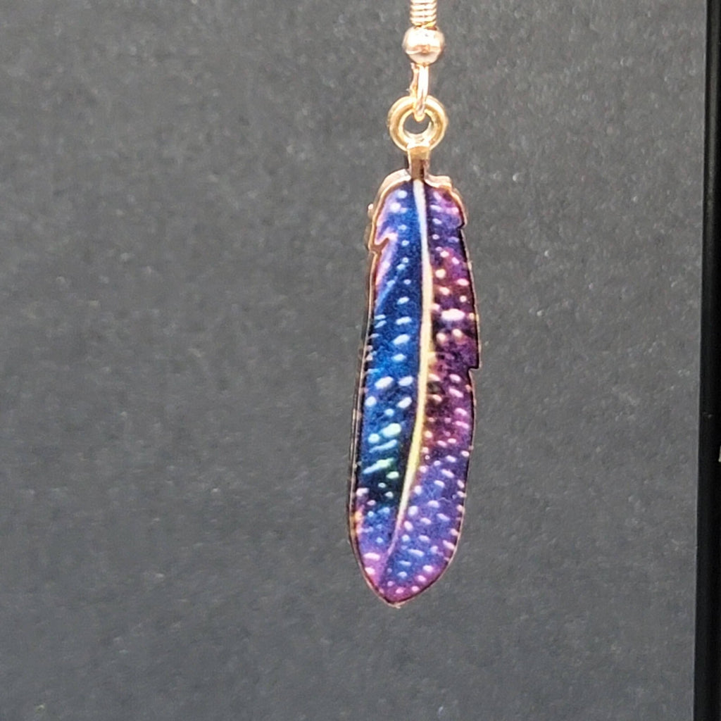 Metal Feather Pierced Earrings Blue Purple White Specks Gold tone Dangle 1.5"