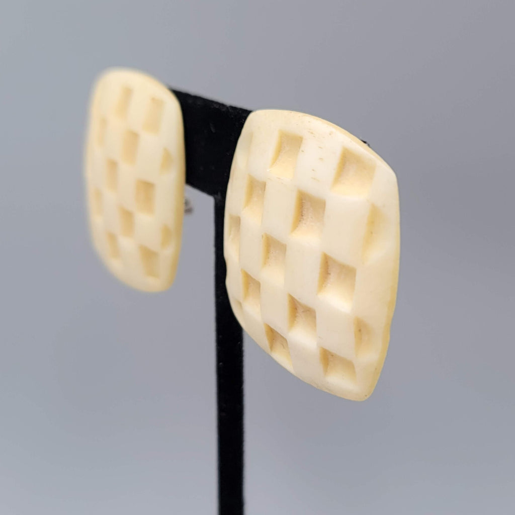 Vintage Clip on Earrings Hand Carved Checkered Square Drop 1.25"