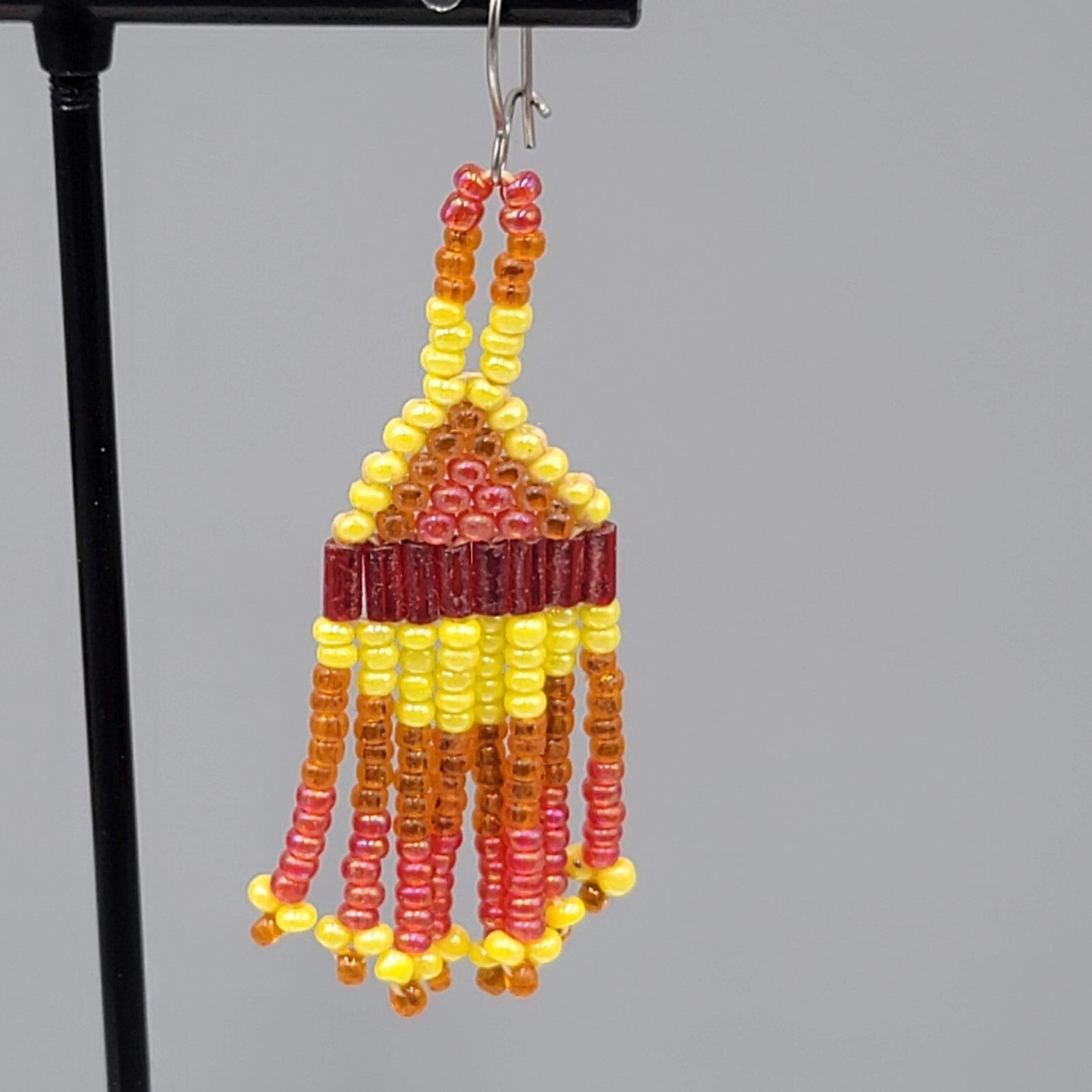 Vintage Seed Bead Pierced Earrings Orange Yellow Red Dangle 2"