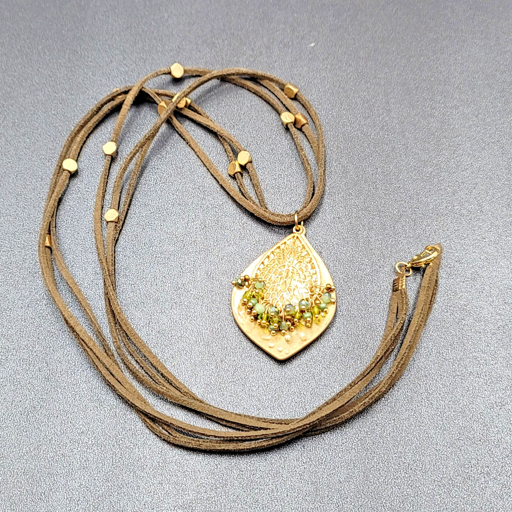 Long Statement Necklace Green Suede Triple Cord Gold tone Pendant 54"