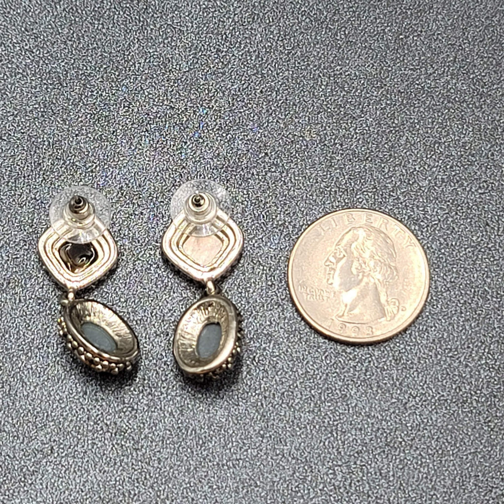 Pierced Earrings Silver tone Abalone Inlay Faceted Glass Dangle 1.25"