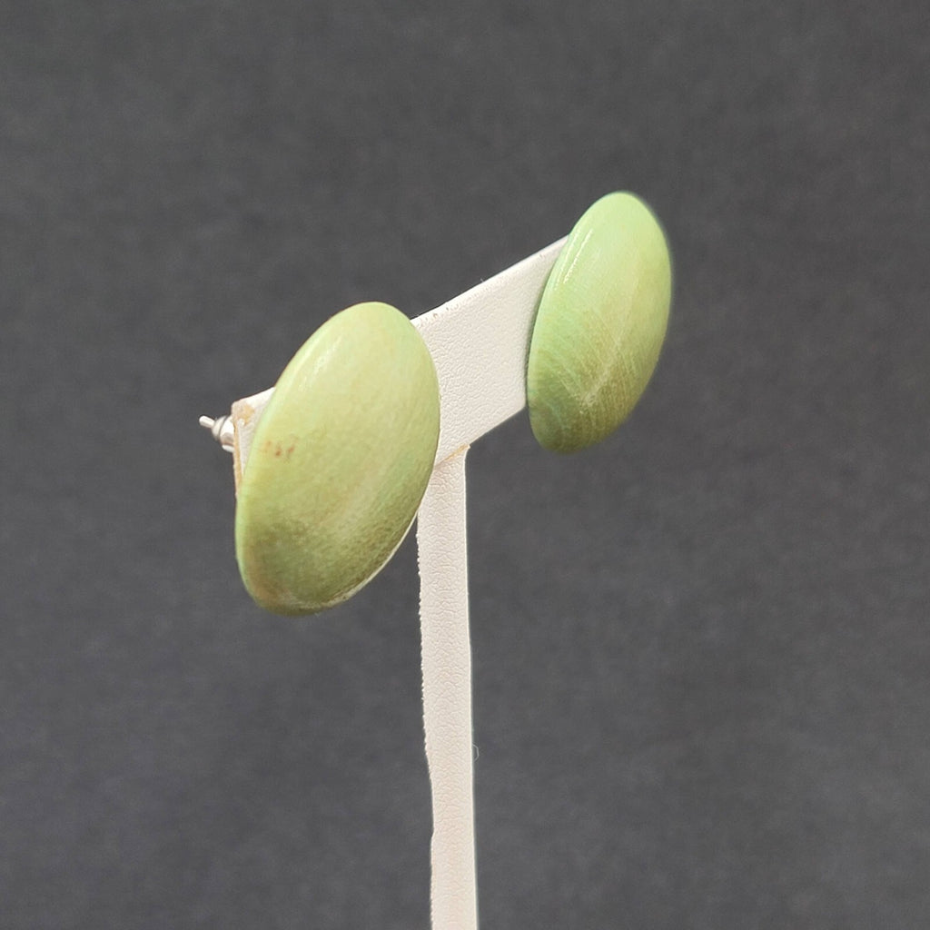 Vintage Pierced Earrings Stained Green Wood Disc Drop 1"