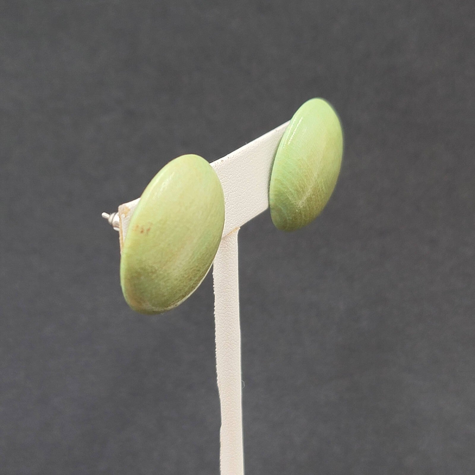 Vintage Pierced Earrings Stained Green Wood Disc Drop 1"