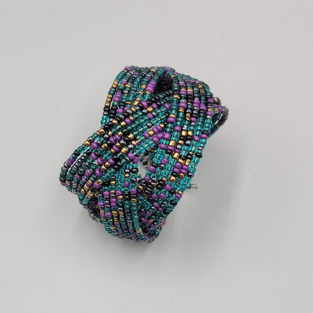 Vintage Cuff Bracelet Blue Purple Gold Seed Bead Woven