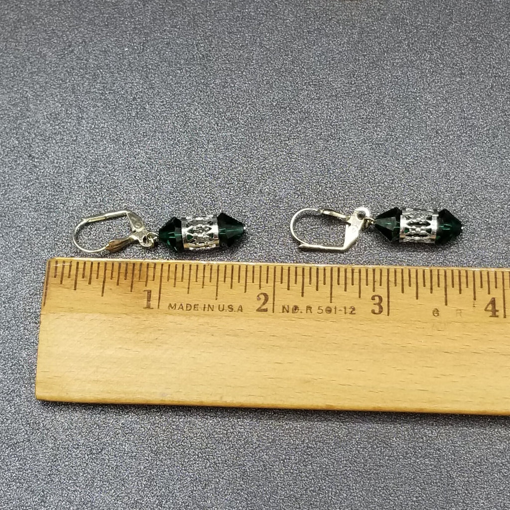 Pierced Earrings Silver tone Open Work Green Faceted Crystal Dangle 7/8"