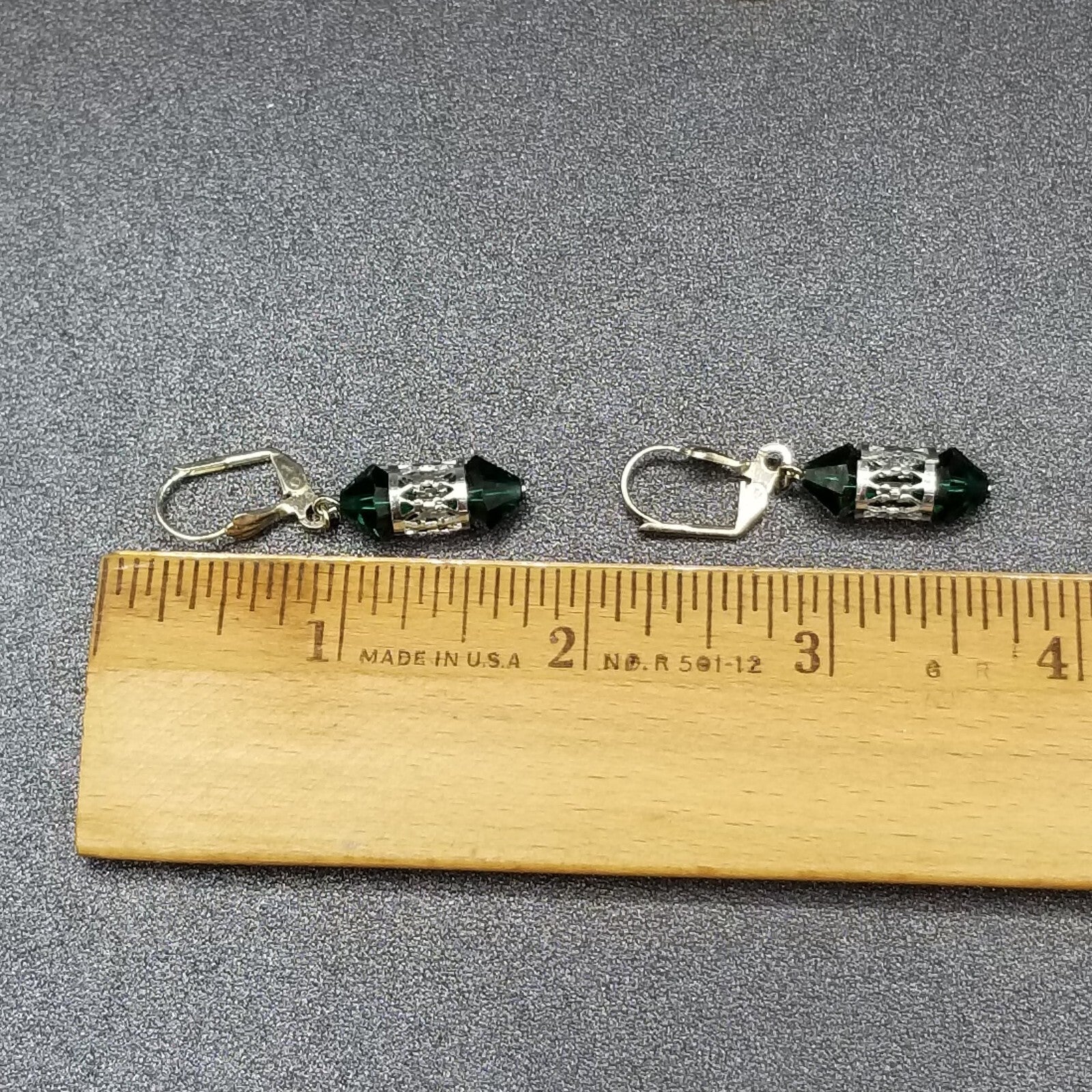 Pierced Earrings Silver tone Open Work Green Faceted Crystal Dangle 7/8"
