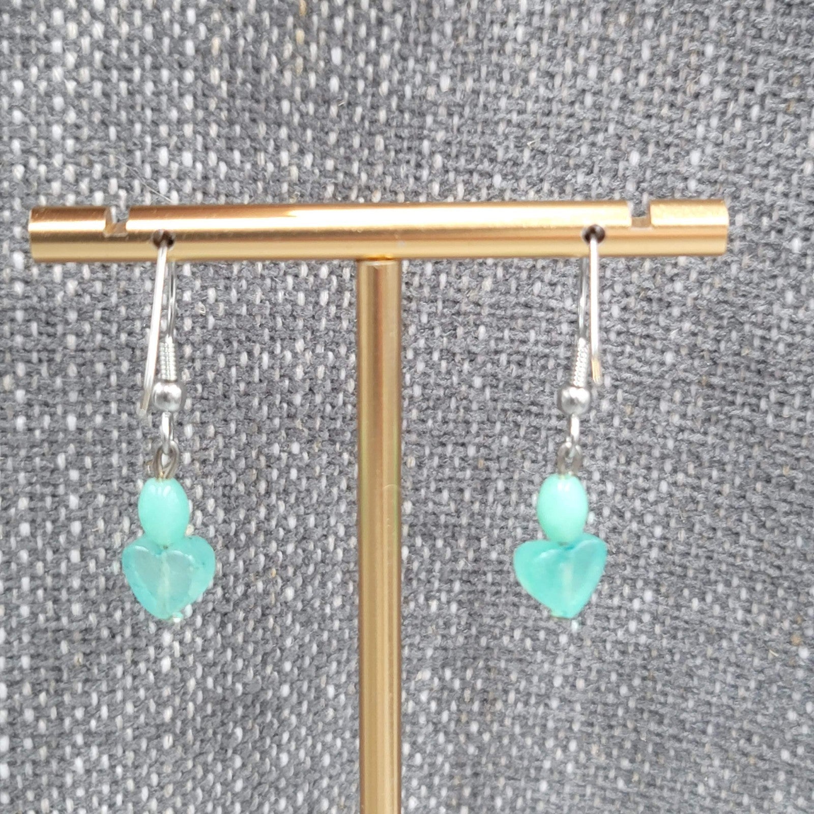 Aventurine Heart Bead Pierced Earrings Silver tone Dangle Dainty 5/8 in